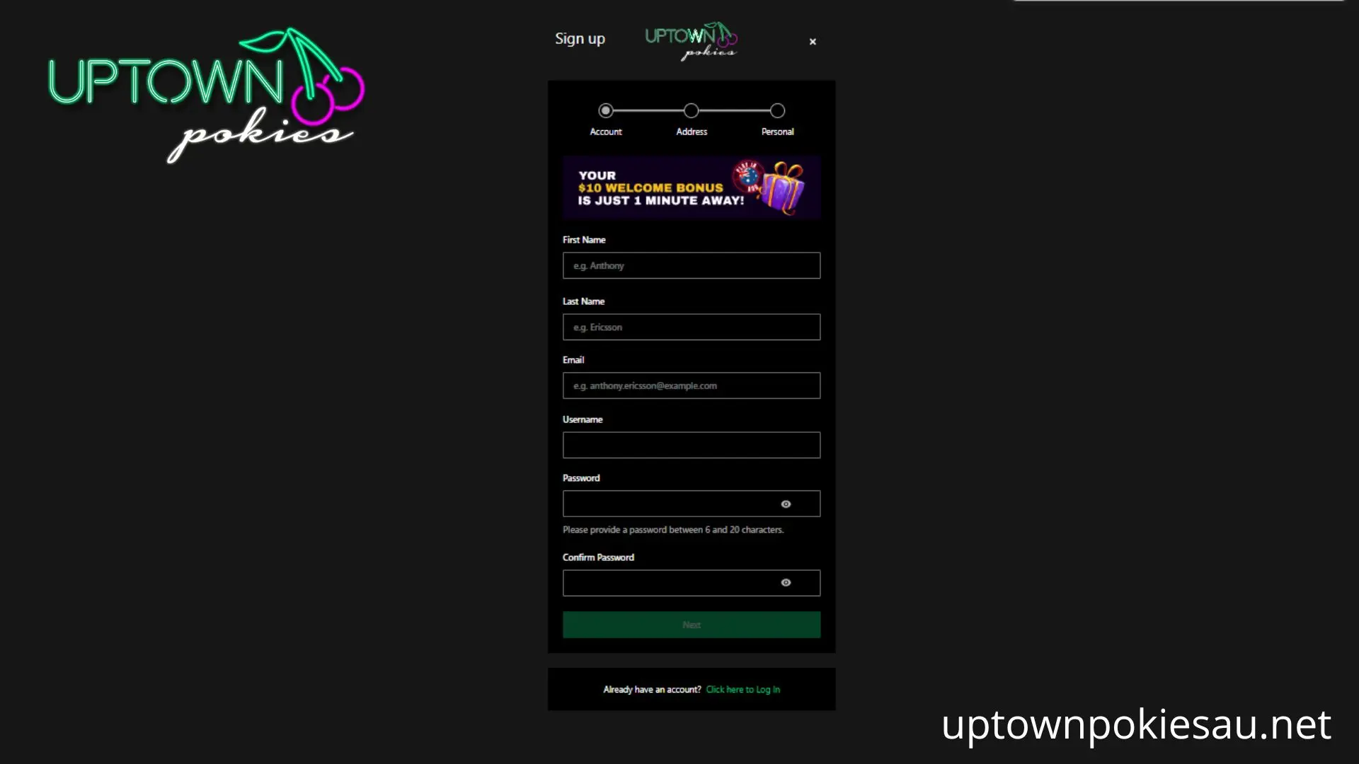 Uptown Pokies registration and account verification